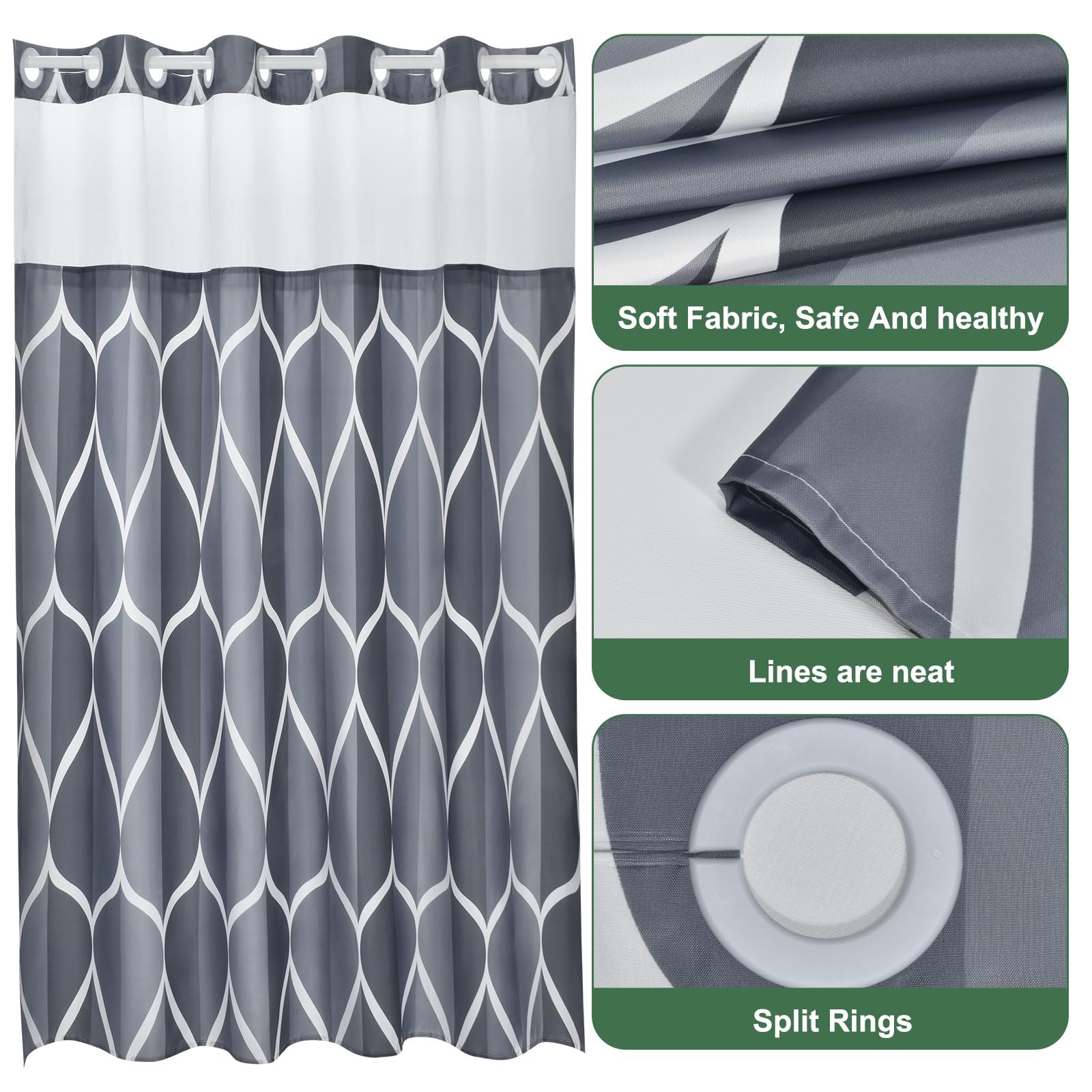 Yiatn Grey Blue No Hook Shower Curtain With Snap In Liner - Hotel Style With See Through Mesh Top Window, Modern Geometric Water